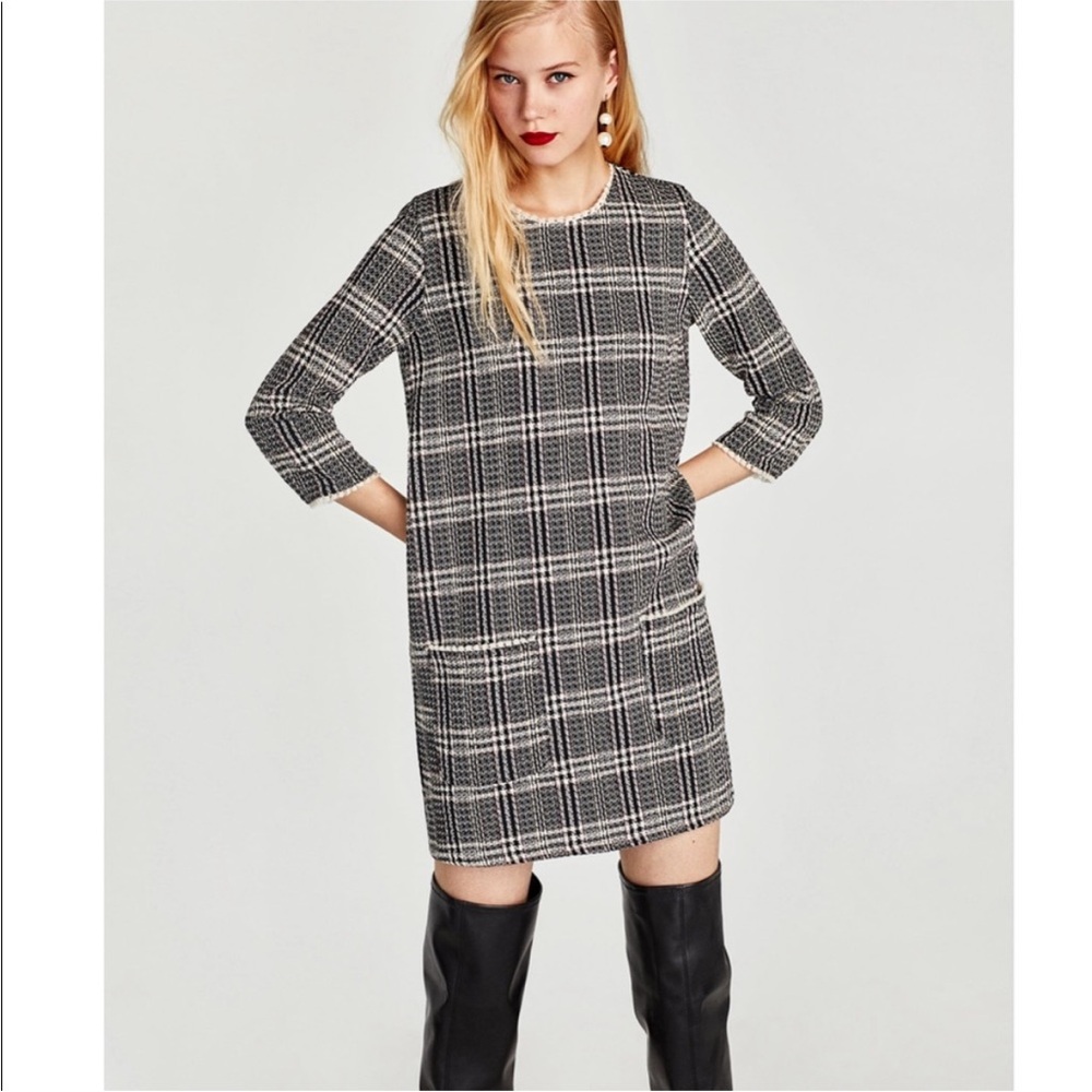 Tweed Black and White Mini Dress with Pockets